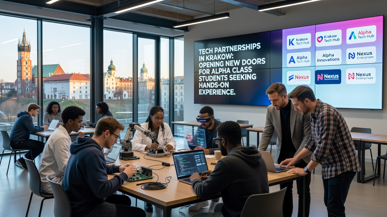 Alpha Class students working alongside engineers in a Krakow tech office during hands-on partnership sessions